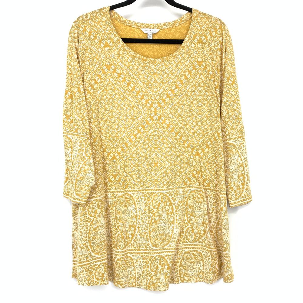 Lucky Brand 3/4 Sleeve Boho Printed T-Shirt Womens Plus Size 2X Yellow White